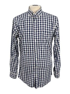 Neiman Marcus Shirt Men Sz 16 34/35 Trim Fit Blue Gingham Check Button Down Dots